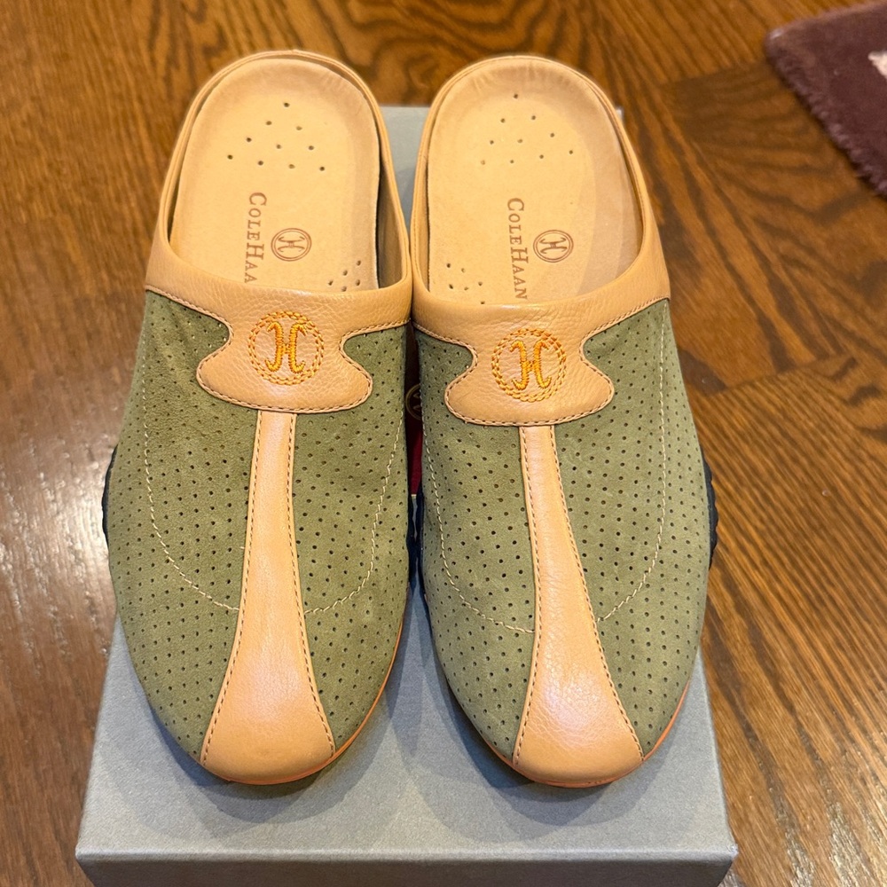 Cole Haan Sage Green Suede Slip-On Mules with Luggage Trim and Orange Logo